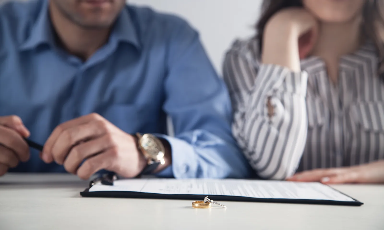 Couple signing divorce paperwork with attorney